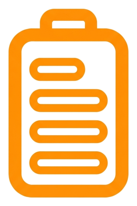 Rounded line icon, thick orange outline of a battery level icon, transparent background PNG