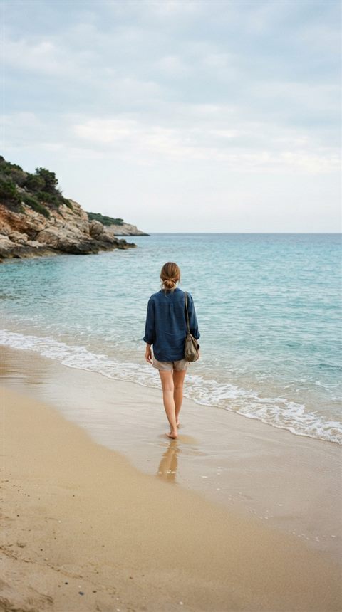 Cinematic film still of sandy beach with clear turquoise water, centered subject with a simple uncluttered composition, cool blue tones, quiet atmosphere, 9:16 aspect ratio