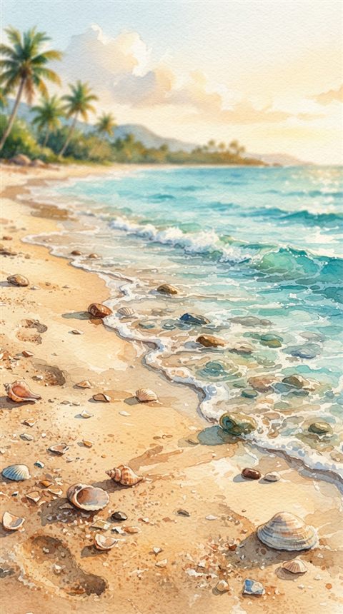 Watercolor illustration of sandy beach with clear turquoise water, close-up detail with shallow depth of field, warm golden light, calm mood, 9:16 aspect ratio
