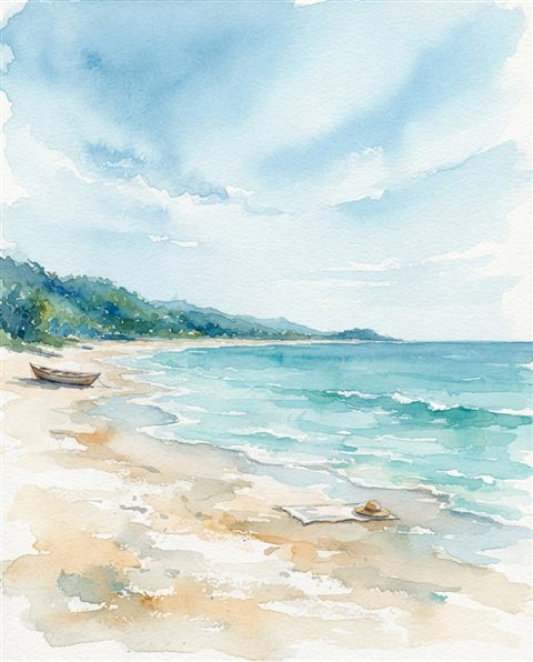 Watercolor illustration of sandy beach with clear turquoise water, wide shot with open space at the top for text, cool blue tones, quiet atmosphere, 4:5 aspect ratio