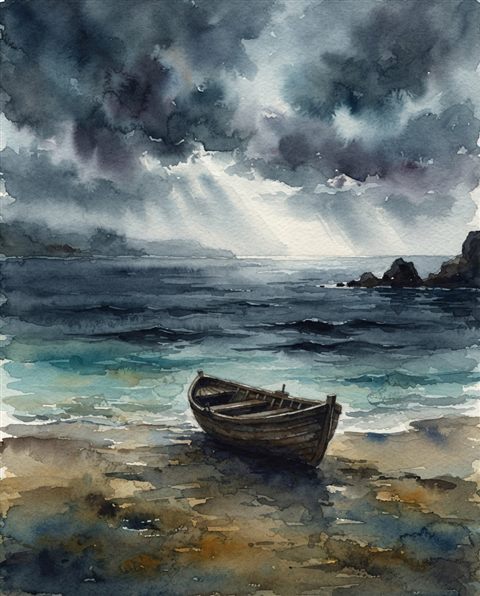 Watercolor illustration of sandy beach with clear turquoise water, centered subject with a simple uncluttered composition, moody dark tones, dramatic lighting, 4:5 aspect ratio