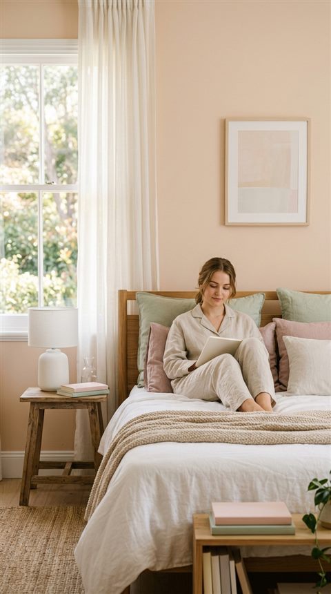 Cinematic film still of a calm bedroom with natural light, centered subject with a simple uncluttered composition, soft pastel colors, bright and cozy, 9:16 aspect ratio