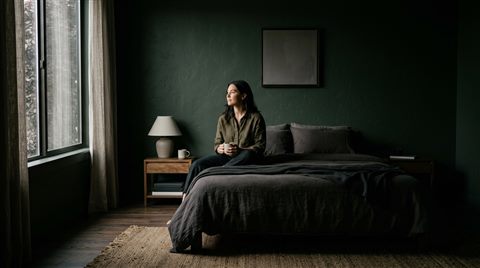 Photorealistic photo of a calm bedroom with natural light, centered subject with a simple uncluttered composition, moody dark tones, dramatic lighting, 16:9 aspect ratio