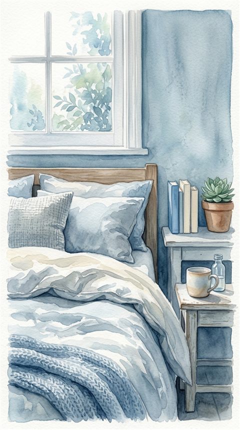 Watercolor illustration of a calm bedroom with natural light, close-up detail with shallow depth of field, cool blue tones, quiet atmosphere, 9:16 aspect ratio