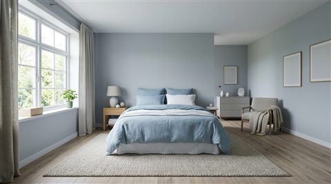 Photorealistic photo of a calm bedroom with natural light, wide shot with open space at the top for text, cool blue tones, quiet atmosphere, 16:9 aspect ratio