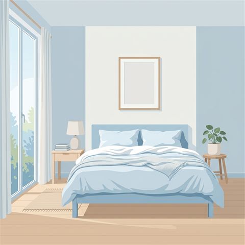 Minimal flat illustration of a calm bedroom with natural light, centered subject with a simple uncluttered composition, cool blue tones, quiet atmosphere, 1:1 aspect ratio