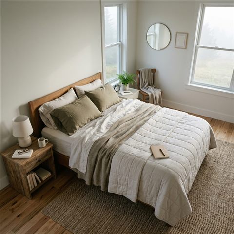 Photorealistic photo of a calm bedroom with natural light, high-angle view from above, misty morning haze, dreamy, 1:1 aspect ratio