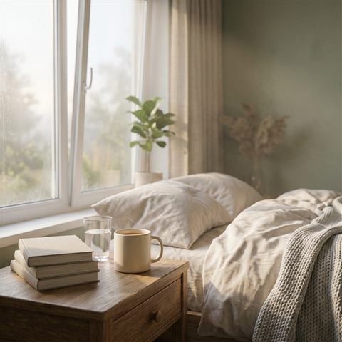 Soft 3d render of a calm bedroom with natural light, close-up detail with shallow depth of field, misty morning haze, dreamy, 1:1 aspect ratio