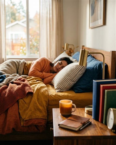 Cinematic film still of a calm bedroom with natural light, close-up detail with shallow depth of field, vivid colors, high contrast, energetic, 4:5 aspect ratio