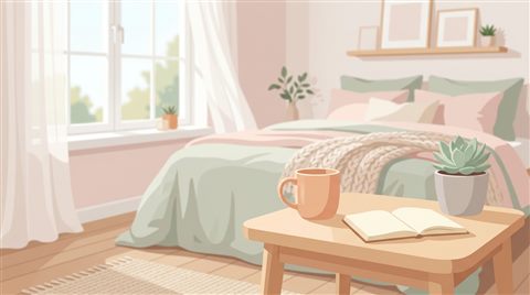Minimal flat illustration of a calm bedroom with natural light, close-up detail with shallow depth of field, soft pastel colors, bright and cozy, 16:9 aspect ratio