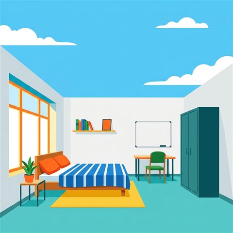 Minimal flat illustration of a calm bedroom with natural light, wide shot with open space at the top for text, vivid colors, high contrast, energetic, 1:1 aspect ratio