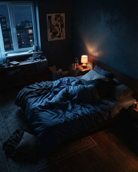 Cinematic film still of a peaceful dark bedroom at night with soft ambient lighting, high-angle view from above, vivid colors, high contrast, energetic, 4:5 aspect ratio