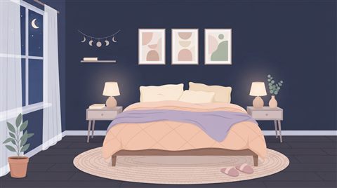 Minimal flat illustration of a peaceful dark bedroom at night with soft ambient lighting, centered subject with a simple uncluttered composition, soft pastel colors, bright and cozy, 16:9 aspect ratio