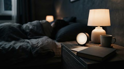 Photorealistic photo of a peaceful dark bedroom at night with soft ambient lighting, close-up detail with shallow depth of field, moody dark tones, dramatic lighting, 16:9 aspect ratio