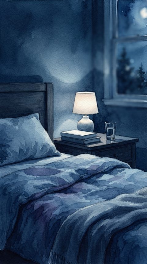 Watercolor illustration of a peaceful dark bedroom at night with soft ambient lighting, close-up detail with shallow depth of field, cool blue tones, quiet atmosphere, 9:16 aspect ratio
