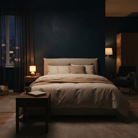 Photorealistic photo of a peaceful dark bedroom at night with soft ambient lighting, wide shot with open space at the top for text, warm golden light, calm mood, 1:1 aspect ratio