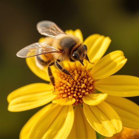 Photorealistic photo of A close-up of a fuzzy honeybee collecting nectar on a bright yellow flower, high-angle view from above, warm golden light, calm mood, 1:1 aspect ratio