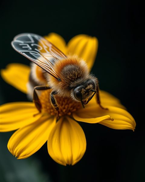 Photorealistic photo of A close-up of a fuzzy honeybee collecting nectar on a bright yellow flower, centered subject with a simple uncluttered composition, moody dark tones, dramatic lighting, 4:5 aspect ratio