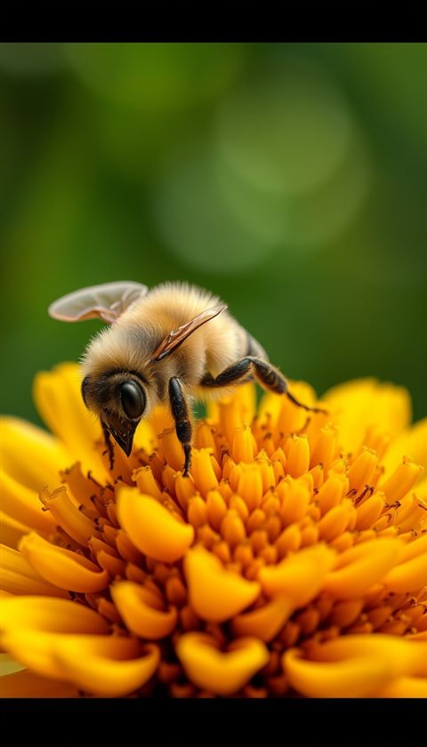 Cinematic film still of A close-up of a fuzzy honeybee collecting nectar on a bright yellow flower, wide shot with open space at the top for text, vivid colors, high contrast, energetic, 9:16 aspect ratio