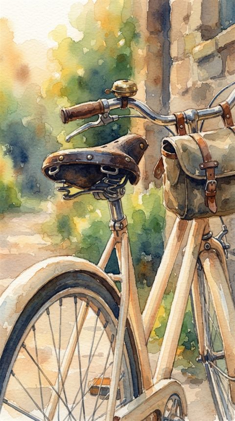 Watercolor illustration of bicycle, close-up detail with shallow depth of field, warm golden light, calm mood, 9:16 aspect ratio