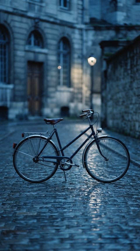 Cinematic film still of bicycle, centered subject with a simple uncluttered composition, cool blue tones, quiet atmosphere, 9:16 aspect ratio