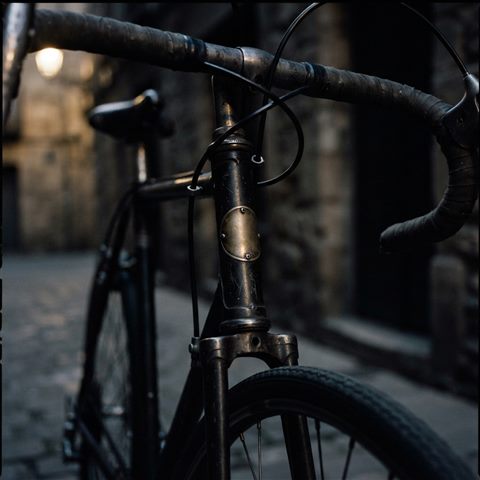 Photorealistic photo of bicycle, close-up detail with shallow depth of field, moody dark tones, dramatic lighting, 1:1 aspect ratio