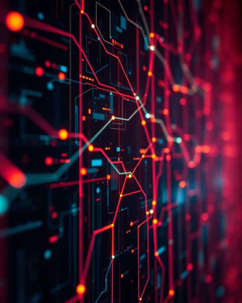 Cinematic film still of Abstract glowing digital data streams and network connections on a dark tech background, close-up detail with shallow depth of field, vivid colors, high contrast, energetic, 4:5 aspect ratio