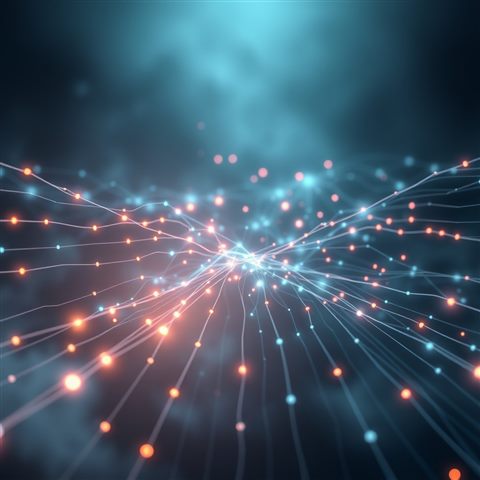 Soft 3D render of Abstract glowing digital data streams and network connections on a dark tech background, centered subject with a simple uncluttered composition, misty morning haze, dreamy, 1:1 aspect ratio