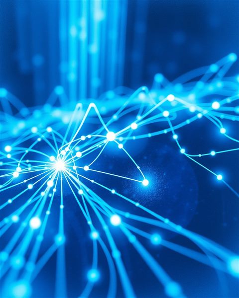 Watercolor illustration of Abstract glowing digital data streams and network connections on a dark tech background, close-up detail with shallow depth of field, cool blue tones, quiet atmosphere, 4:5 aspect ratio