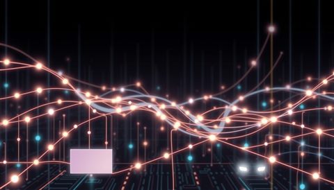 Minimal flat illustration of Abstract glowing digital data streams and network connections on a dark tech background, wide shot with open space at the top for text, soft pastel colors, bright and cozy, 16:9 aspect ratio