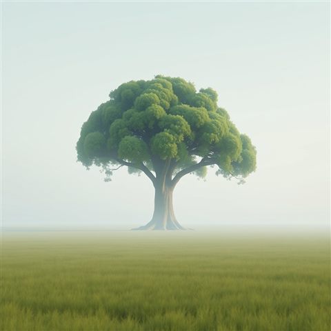 Soft 3D render of A massive, lush green giant tree standing alone in the middle of a vast open field, centered subject with a simple uncluttered composition, misty morning haze, dreamy, 1:1 aspect ratio