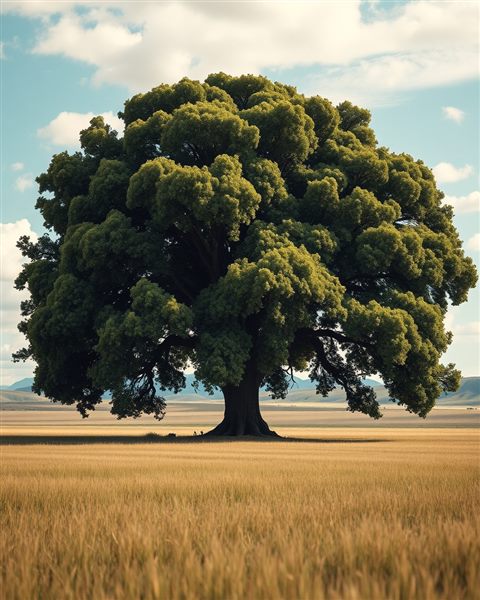 Cinematic film still of A massive, lush green giant tree standing alone in the middle of a vast open field, close-up detail with shallow depth of field, vivid colors, high contrast, energetic, 4:5 aspect ratio