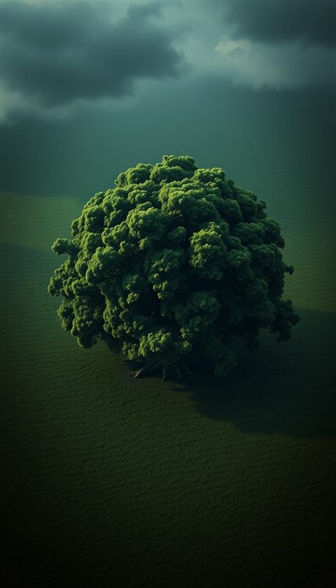 Photorealistic photo of A massive, lush green giant tree standing alone in the middle of a vast open field, high-angle view from above, moody dark tones, dramatic lighting, 9:16 aspect ratio