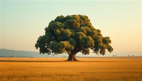 Photorealistic photo of A massive, lush green giant tree standing alone in the middle of a vast open field, wide shot with open space at the top for text, warm golden light, calm mood, 16:9 aspect ratio