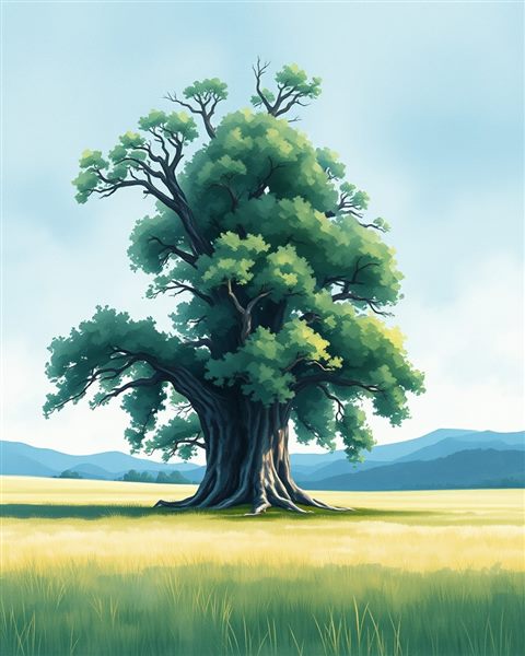 Watercolor illustration of A massive, lush green giant tree standing alone in the middle of a vast open field, close-up detail with shallow depth of field, cool blue tones, quiet atmosphere, 4:5 aspect ratio