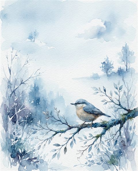 Watercolor illustration of small bird on a branch, wide shot with open space at the top for text, cool blue tones, quiet atmosphere, 4:5 aspect ratio