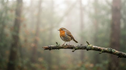 Photorealistic photo of small bird on a branch, centered subject with a simple uncluttered composition, misty morning haze, dreamy, 16:9 aspect ratio
