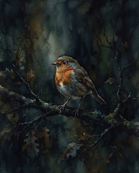 Watercolor illustration of small bird on a branch, centered subject with a simple uncluttered composition, moody dark tones, dramatic lighting, 4:5 aspect ratio