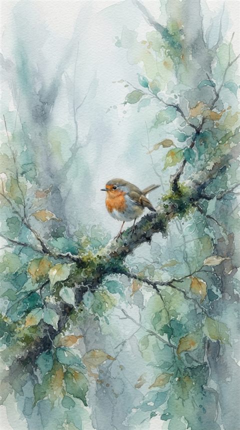 Watercolor illustration of small bird on a branch, high-angle view from above, misty morning haze, dreamy, 9:16 aspect ratio