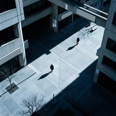 Photorealistic photo of black and white minimalist scene with strong shadows, high-angle view from above, cool blue tones, quiet atmosphere, 1:1 aspect ratio
