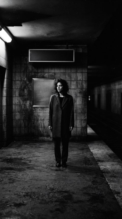 Cinematic film still of black and white minimalist scene with strong shadows, centered subject with a simple uncluttered composition, moody dark tones, dramatic lighting, 9:16 aspect ratio