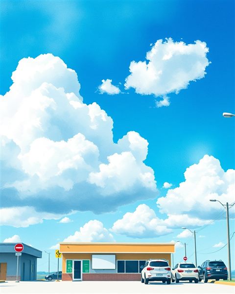 Watercolor illustration of A vibrant vivid blue sky with soft, fluffy white cumulus clouds floating peacefully, close-up detail with shallow depth of field, cool blue tones, quiet atmosphere, 4:5 aspect ratio