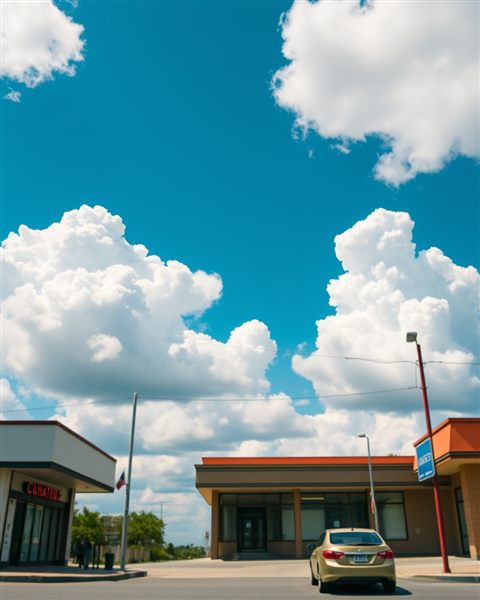 Cinematic film still of A vibrant vivid blue sky with soft, fluffy white cumulus clouds floating peacefully, close-up detail with shallow depth of field, vivid colors, high contrast, energetic, 4:5 aspect ratio