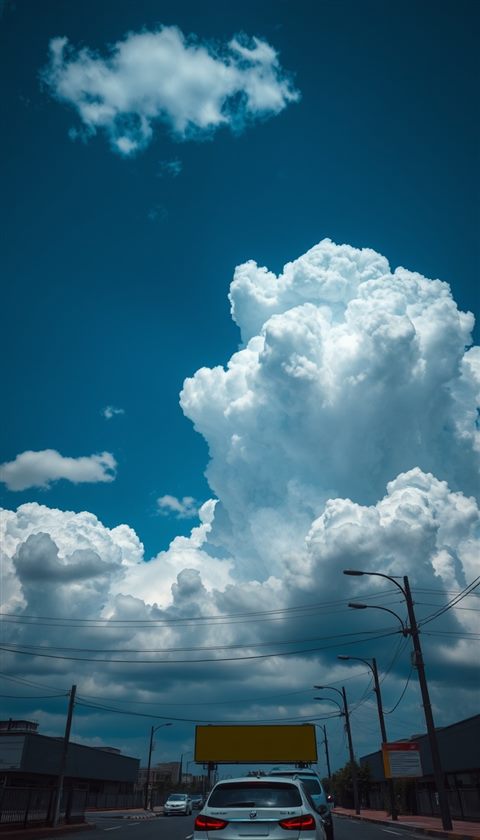 Photorealistic photo of A vibrant vivid blue sky with soft, fluffy white cumulus clouds floating peacefully, high-angle view from above, moody dark tones, dramatic lighting, 9:16 aspect ratio