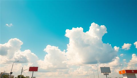 Photorealistic photo of A vibrant vivid blue sky with soft, fluffy white cumulus clouds floating peacefully, wide shot with open space at the top for text, warm golden light, calm mood, 16:9 aspect ratio