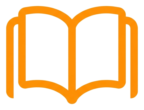 Rounded line icon, thick orange outline of an open book icon, transparent background PNG