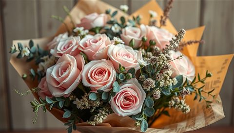 Photorealistic photo of A charming rustic bouquet of pastel roses, eucalyptus, and wildflowers wrapped in craft paper., close-up detail with shallow depth of field, warm golden light, calm mood, 16:9 aspect ratio