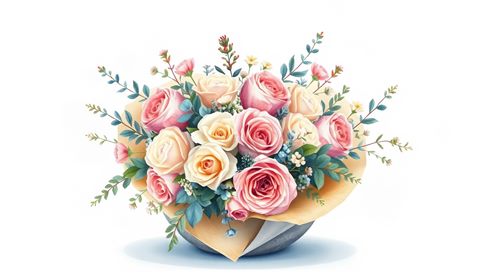 Watercolor illustration of A charming rustic bouquet of pastel roses, eucalyptus, and wildflowers wrapped in craft paper., wide shot with open space at the top for text, cool blue tones, quiet atmosphere, 16:9 aspect ratio