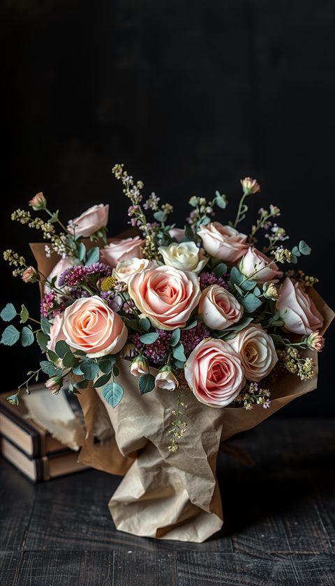 Photorealistic photo of A charming rustic bouquet of pastel roses, eucalyptus, and wildflowers wrapped in craft paper., wide shot with open space at the top for text, moody dark tones, dramatic lighting, 9:16 aspect ratio