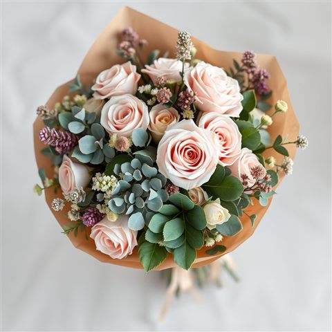 Soft 3D render of A charming rustic bouquet of pastel roses, eucalyptus, and wildflowers wrapped in craft paper., high-angle view from above, misty morning haze, dreamy, 1:1 aspect ratio